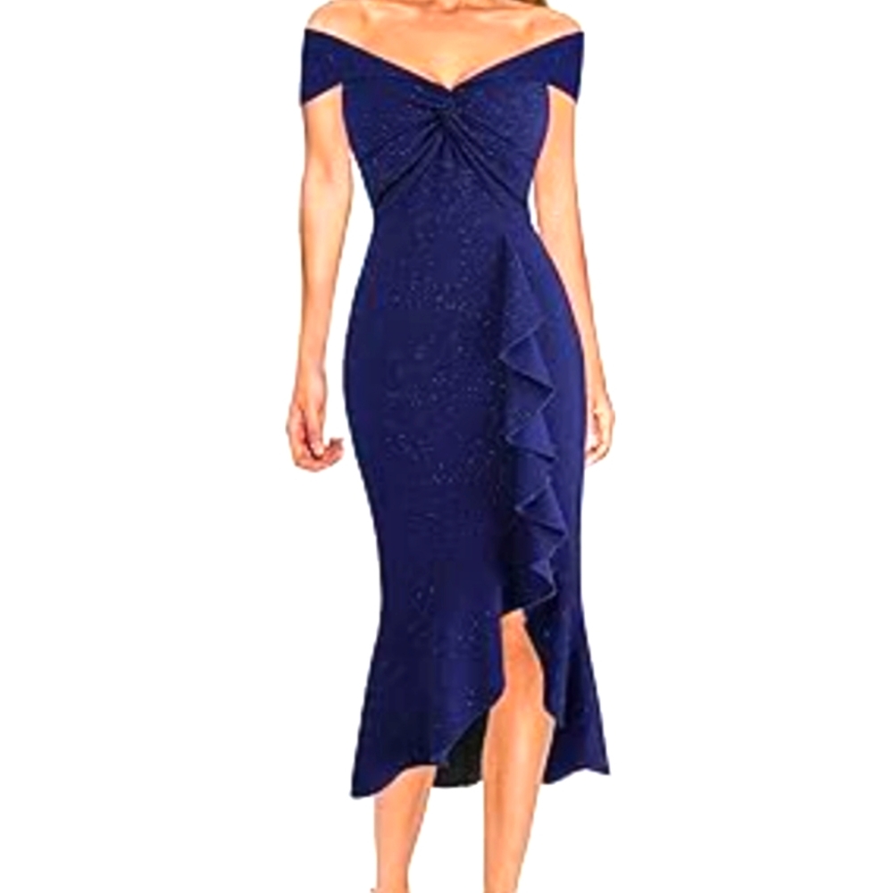VFSHOW Drop Shoulder Sparkle Blue V Neck Front Knot Ruffle Slit Cocktail…